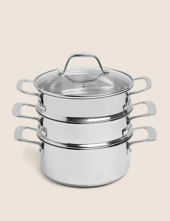 3 Tier Stainless Steel Vegetable Food Steamer Set Dish Induction Pot 20 & 24 Cm 