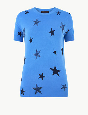 Star Print Short Sleeve Knitted Top Image 2 of 4