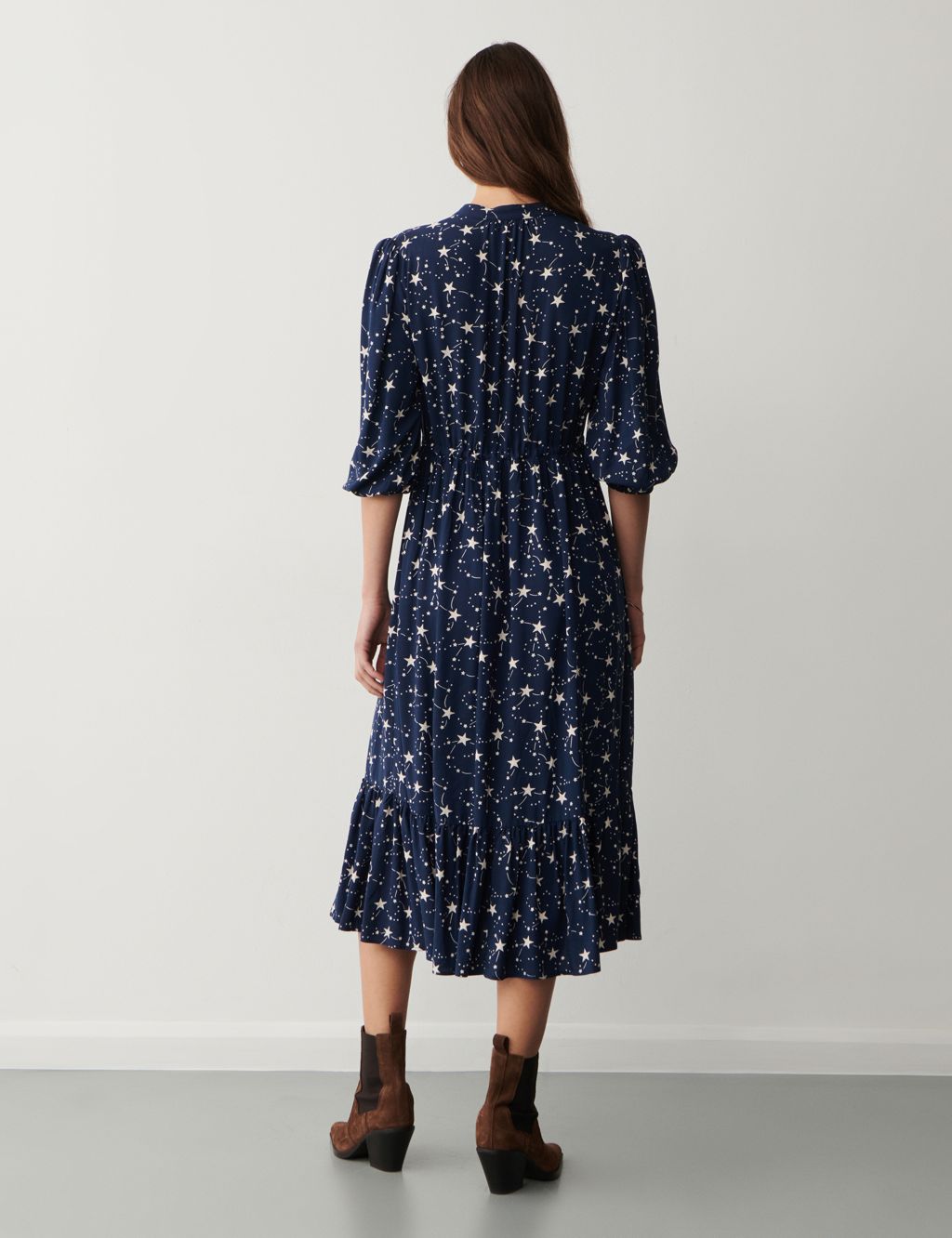 Star Print V-Neck Belted Midi Tiered Dress 1 of 4