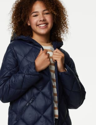 Navy padded cheap coat with hood