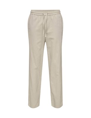 Straight Fit Cotton Rich Trousers with Linen Image 2 of 6
