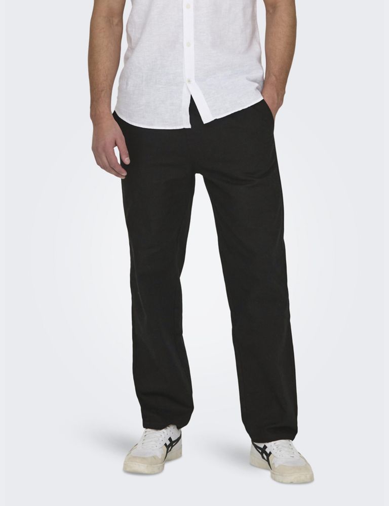 Straight Fit Cotton Rich Trousers with Linen 1 of 5