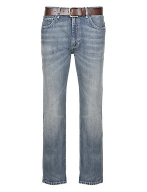 Straight Leg Washed Look Belted Denim Jeans Image 2 of 3