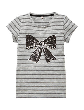 Striped & Sequin Embellished Bow Girls T-Shirt (5-14 Years) Image 2 of 4
