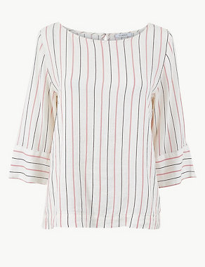 Striped 3/4 Sleeve Blouse with Linen Image 2 of 4