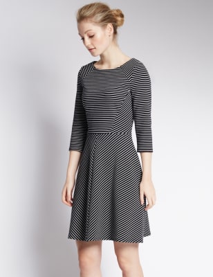 Striped 3 4 Sleeve Skater Dress M S Collection M S