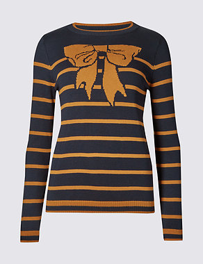 Striped Bow Print Crew Neck Jumper Image 2 of 4