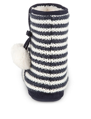 Striped Cable Knit Pom-Pom Slipper Boots Image 2 of 5