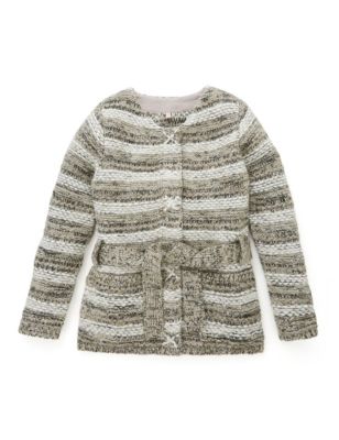 Striped Chunky Knit Belted Cardigan (5-14 Years) Image 1 of 2