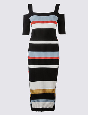Striped Cold Shoulder Bodycon Midi Dress Image 2 of 4