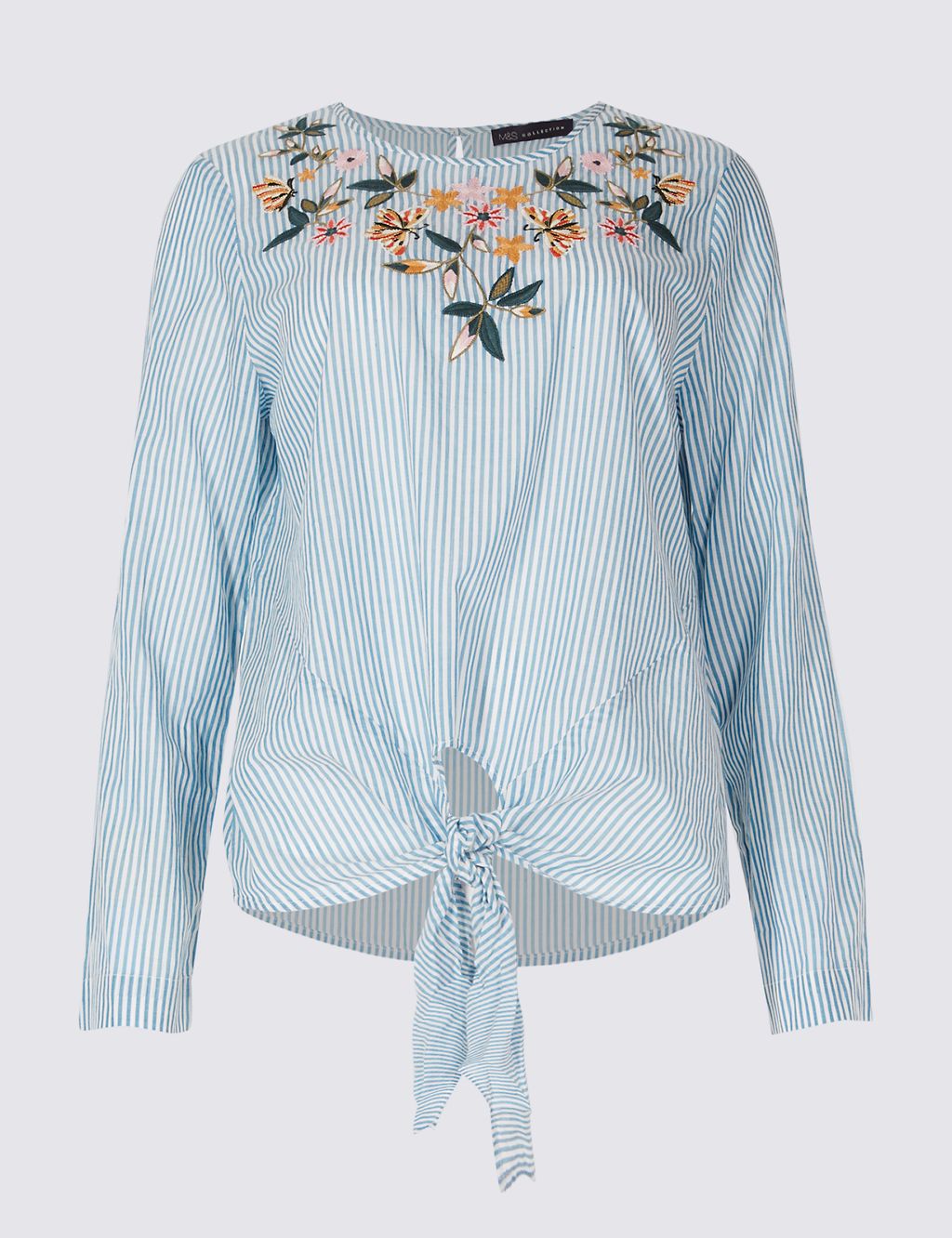 Striped Embroidered Tie Front Blouse 1 of 5