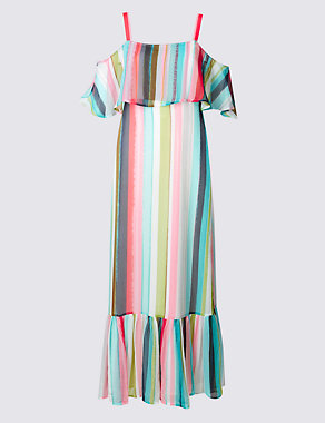 Striped Frill Cold Shoulder Shift Maxi Dress Image 2 of 5