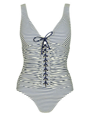 Striped Lace Up Swimsuit Image 2 of 4