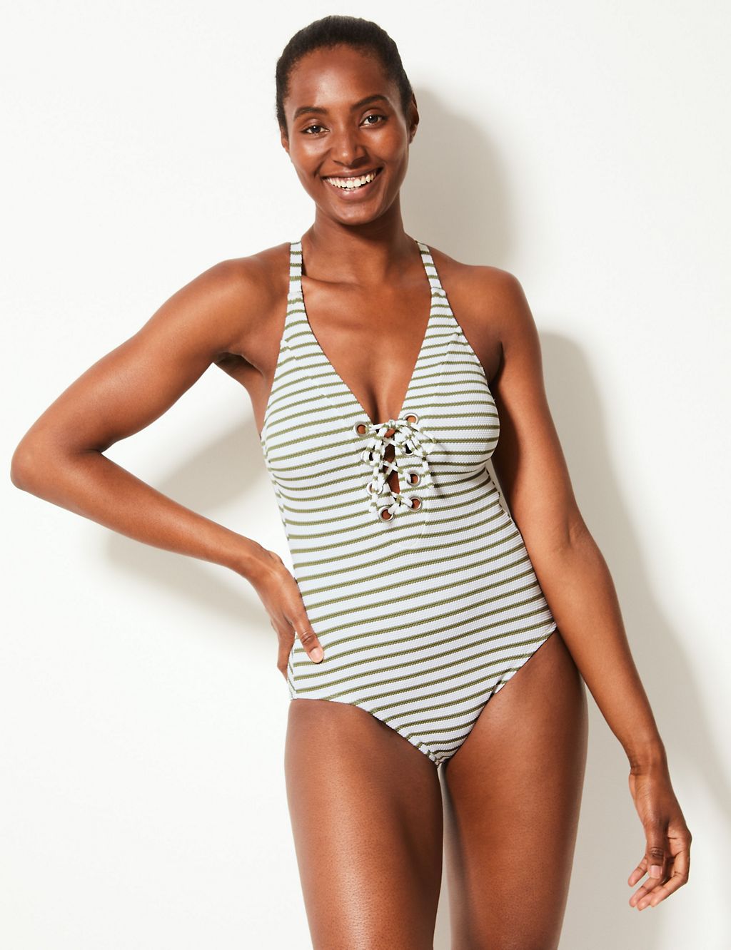 Striped Lace up Plunge Swimsuit 3 of 5