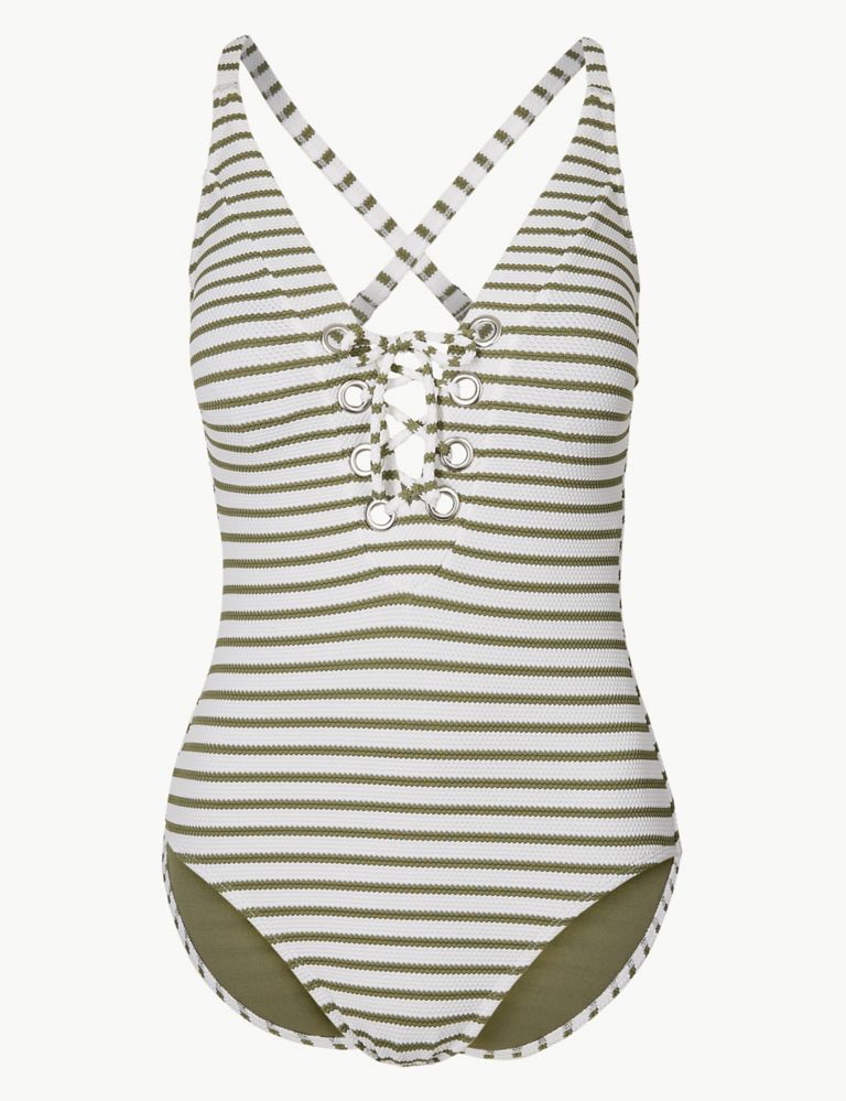 Striped Lace up Plunge Swimsuit 2 of 5