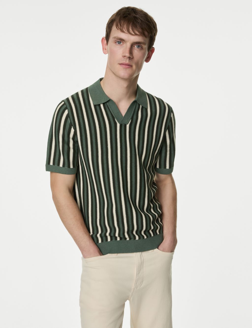 Striped Open Neck Knitted Polo Shirt with Linen 2 of 5