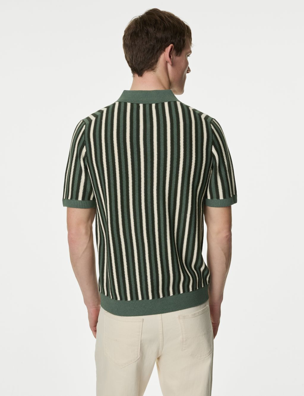 Striped Open Neck Knitted Polo Shirt with Linen 4 of 5
