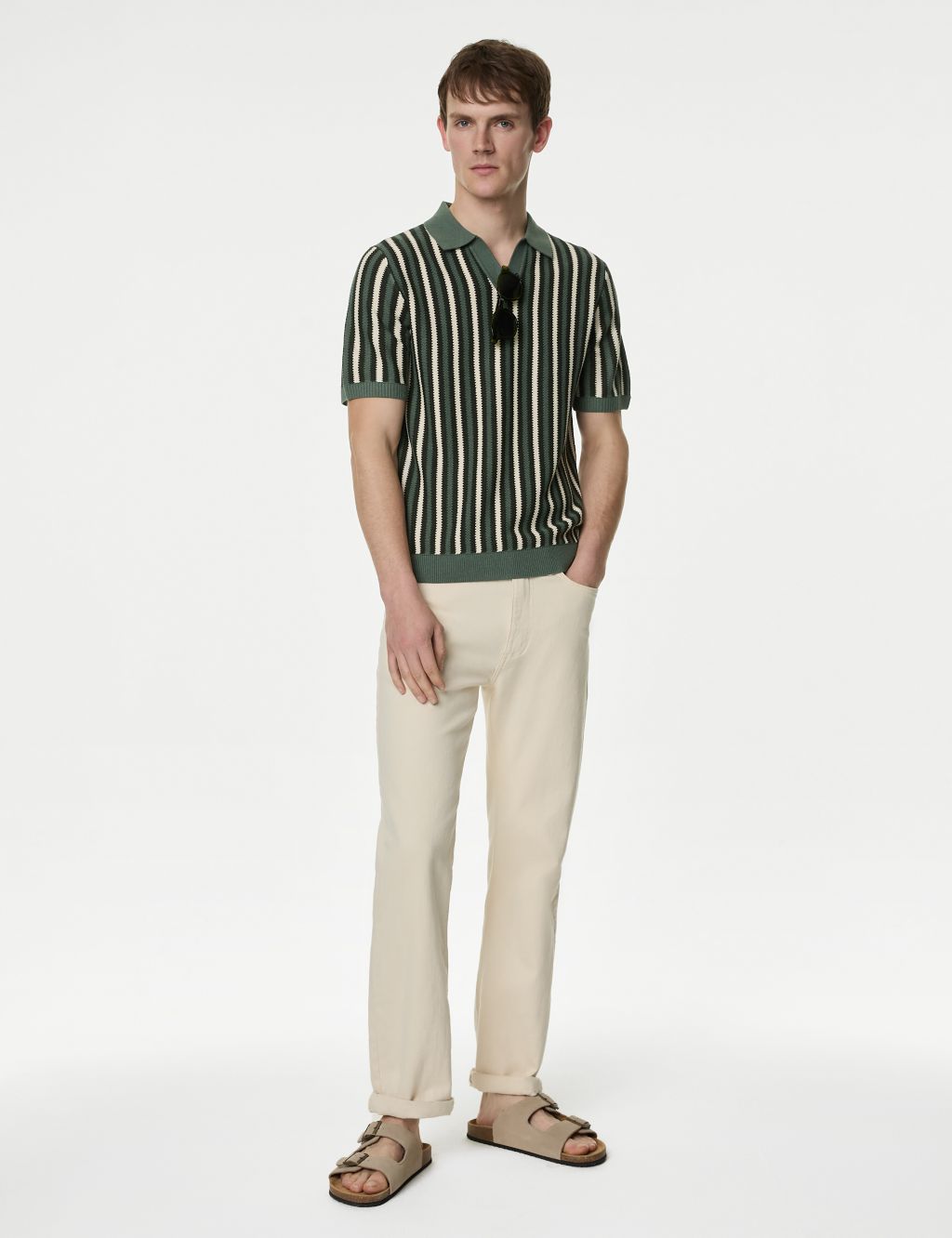 Striped Open Neck Knitted Polo Shirt with Linen 5 of 5