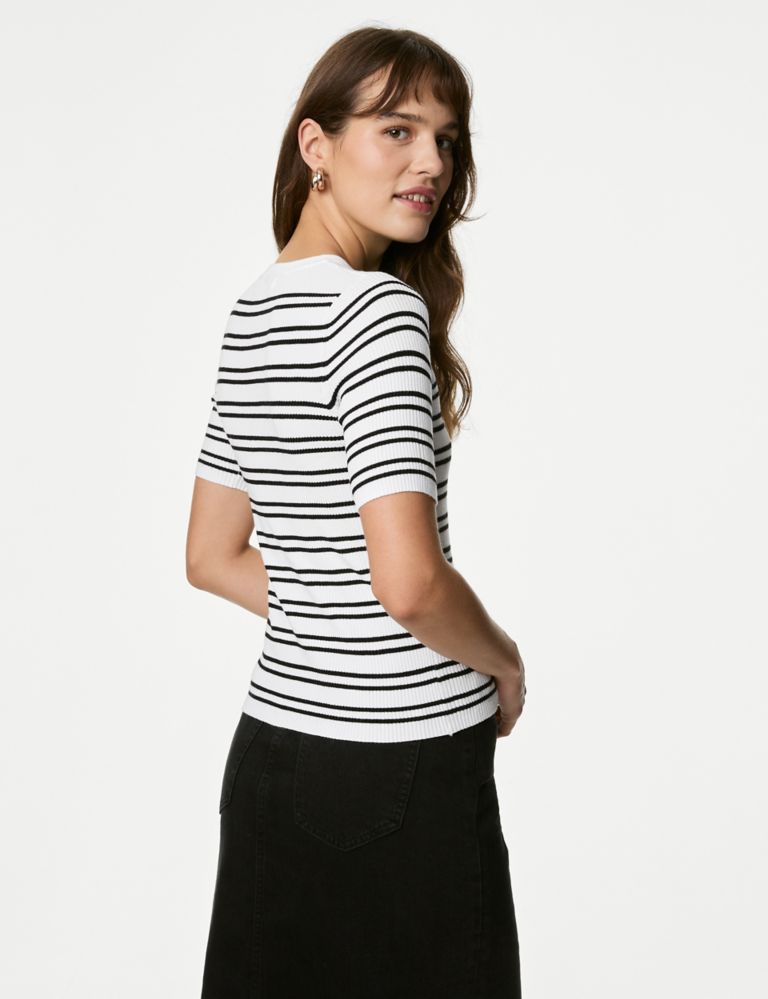 Striped Ribbed Crew Neck Knitted Top