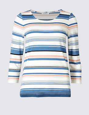 Striped Round Neck 3/4 Sleeve T-Shirt Image 2 of 5