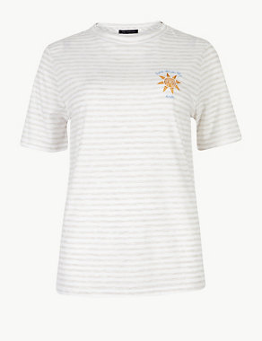 Striped Round Neck Embroidered Motif T-Shirt Image 2 of 4