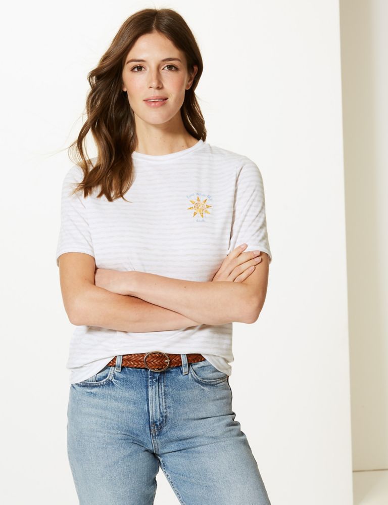 Striped Round Neck Embroidered Motif T-Shirt 3 of 4