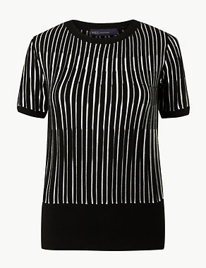 Striped Round Neck Short Sleeve Knitted Top Image 2 of 4