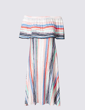 Striped Short Sleeve Bardot Swing Dress Image 2 of 5