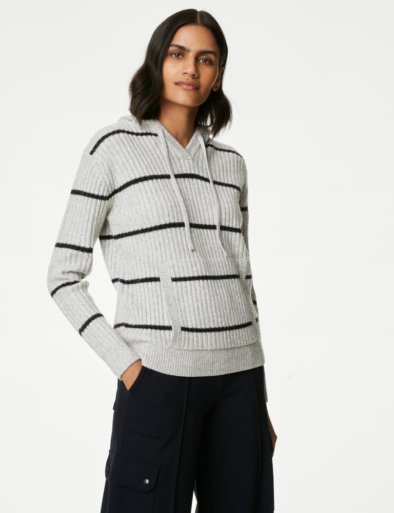 Striped V Neck Knitted Hoodie M S Collection M S