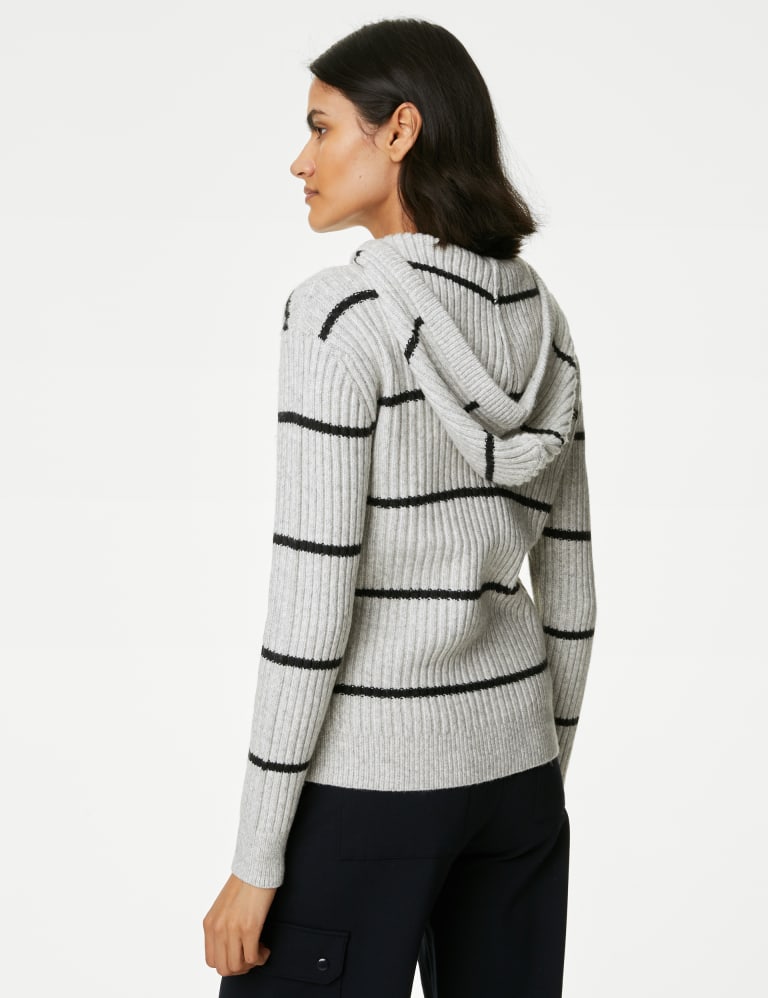 Striped V Neck Knitted Hoodie M S Collection M S