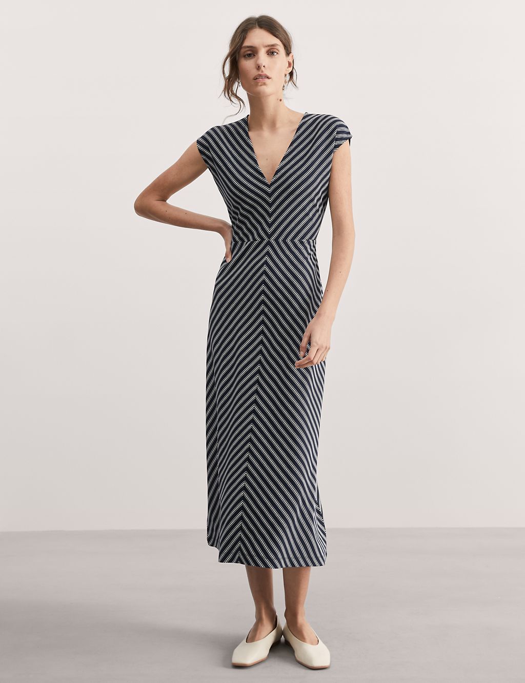 Striped V-Neck Midi Dress 2 of 5