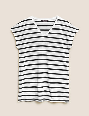 Striped V-Neck Relaxed Longline T-Shirt Image 2 of 5