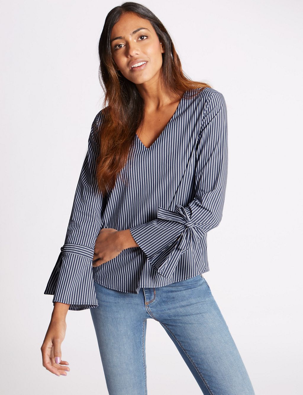 Striped V-Neck Tie Sleeve Shell Top 3 of 4