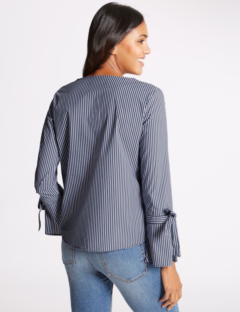 Striped V-Neck Tie Sleeve Shell Top 3 of 4