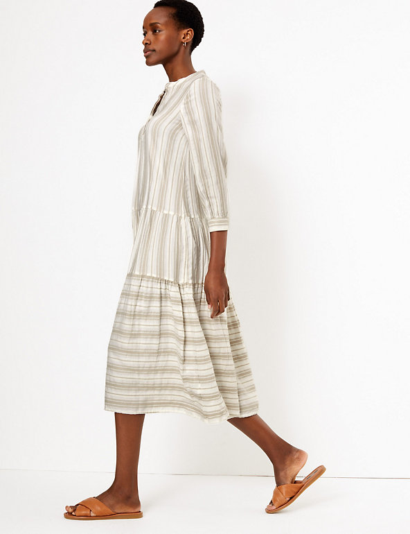 Striped V-Neck Tiered Midi Relaxed ...
