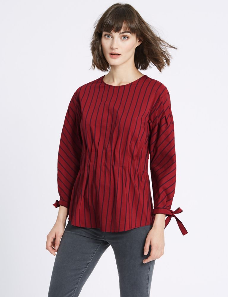 Striped Waist Gather ¾ Sleeve Shell Top 1 of 4