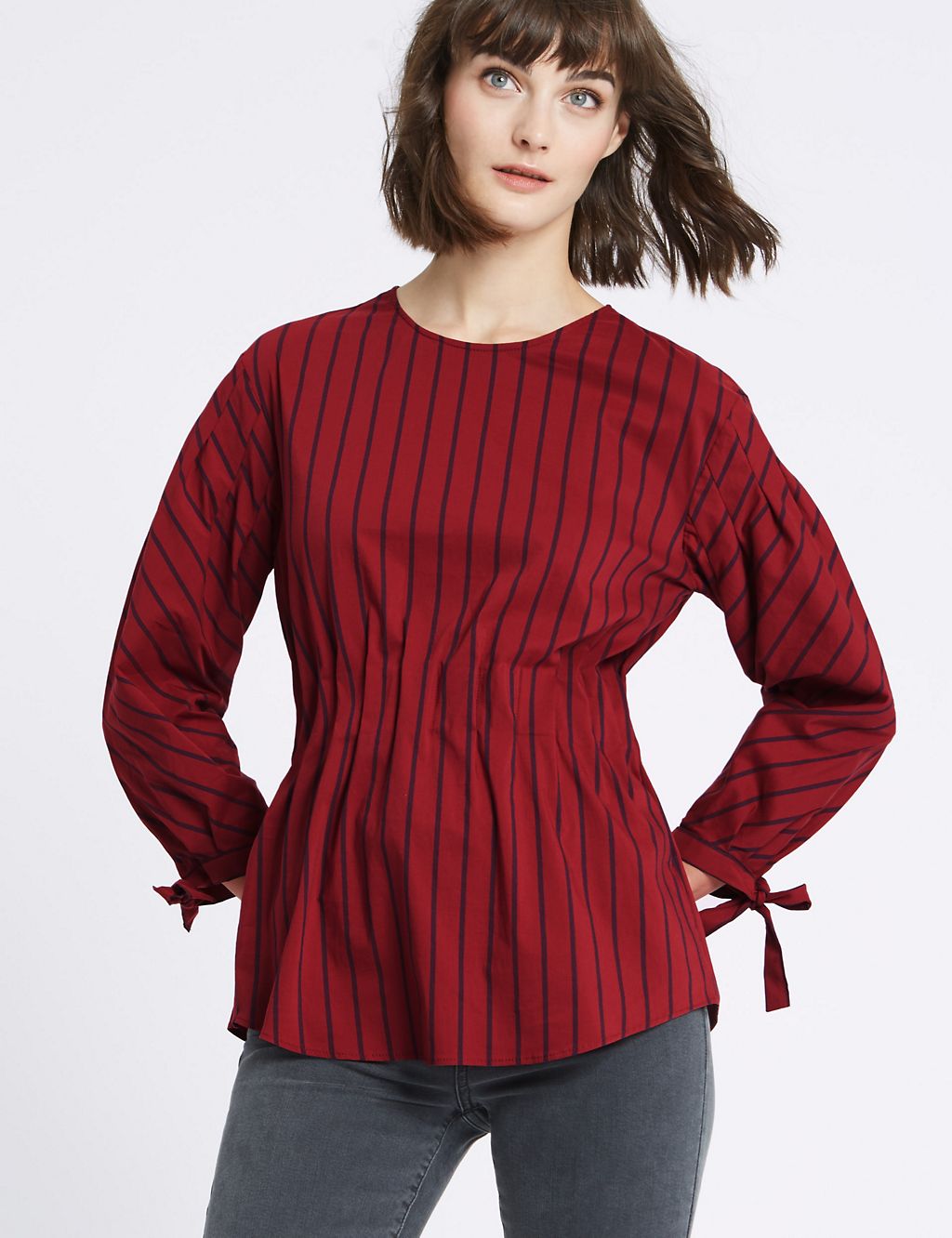 Striped Waist Gather ¾ Sleeve Shell Top 2 of 4