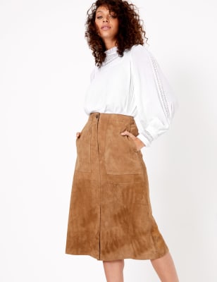 Suede A-Line Midi Skirt