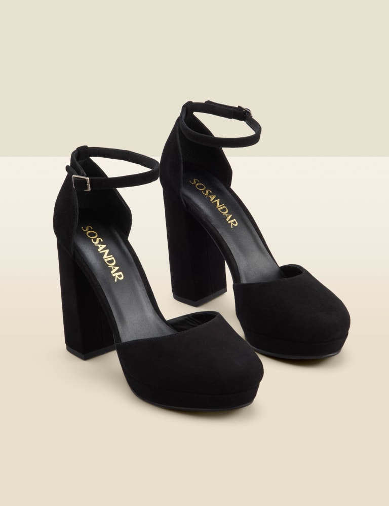Suede block heels with ankle strap on sale