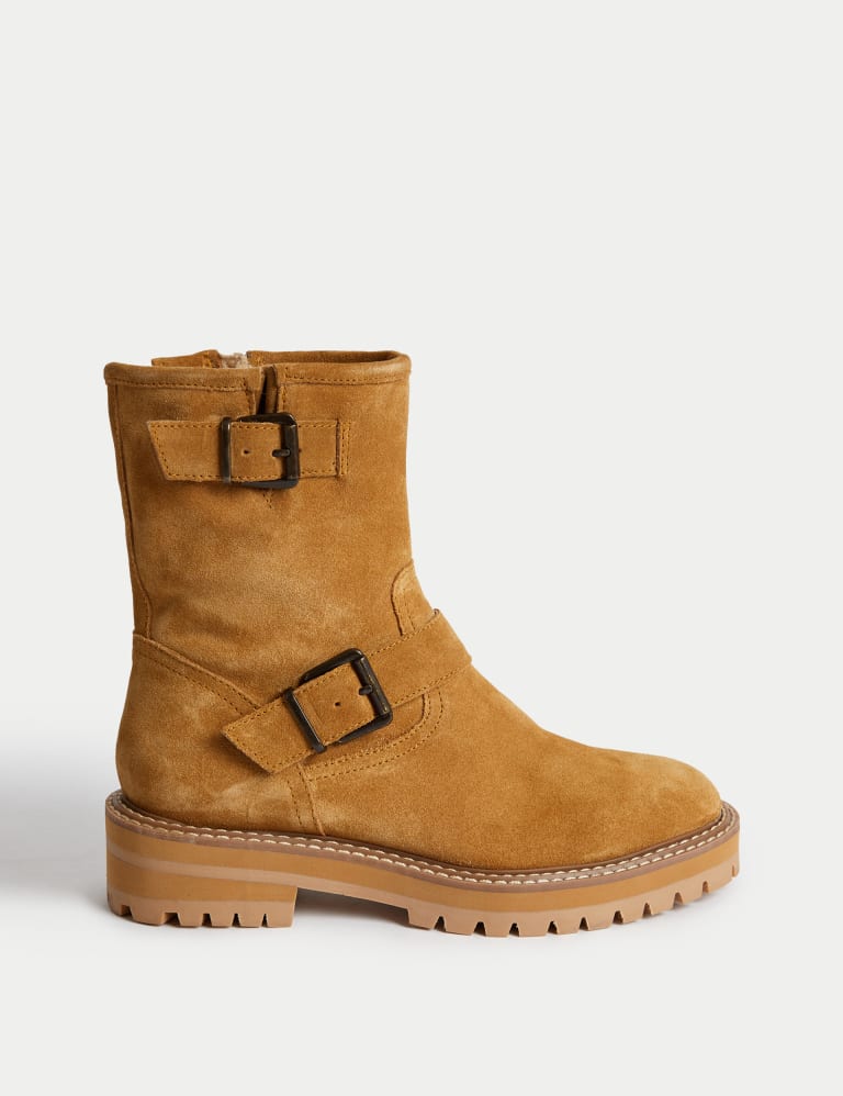 Suede Biker Buckle Flat Ankle Boots M S Collection M S