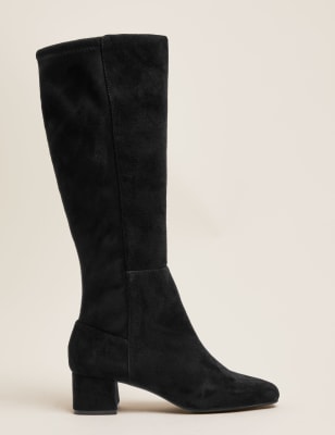 Suede Block Heel Square Toe Knee High 