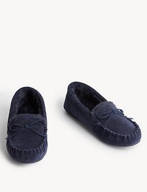 Suede Bow Faux Fur Lined Moccasin Slippers Image 2 of 3