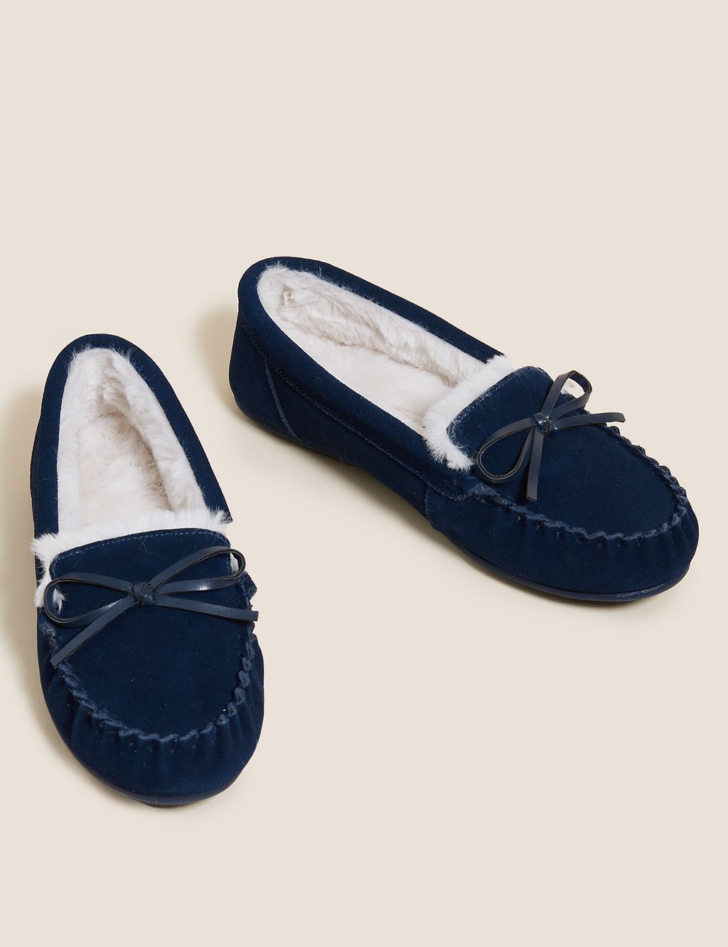 Suede Bow Faux Fur Lined Moccasin Slippers 1 of 4
