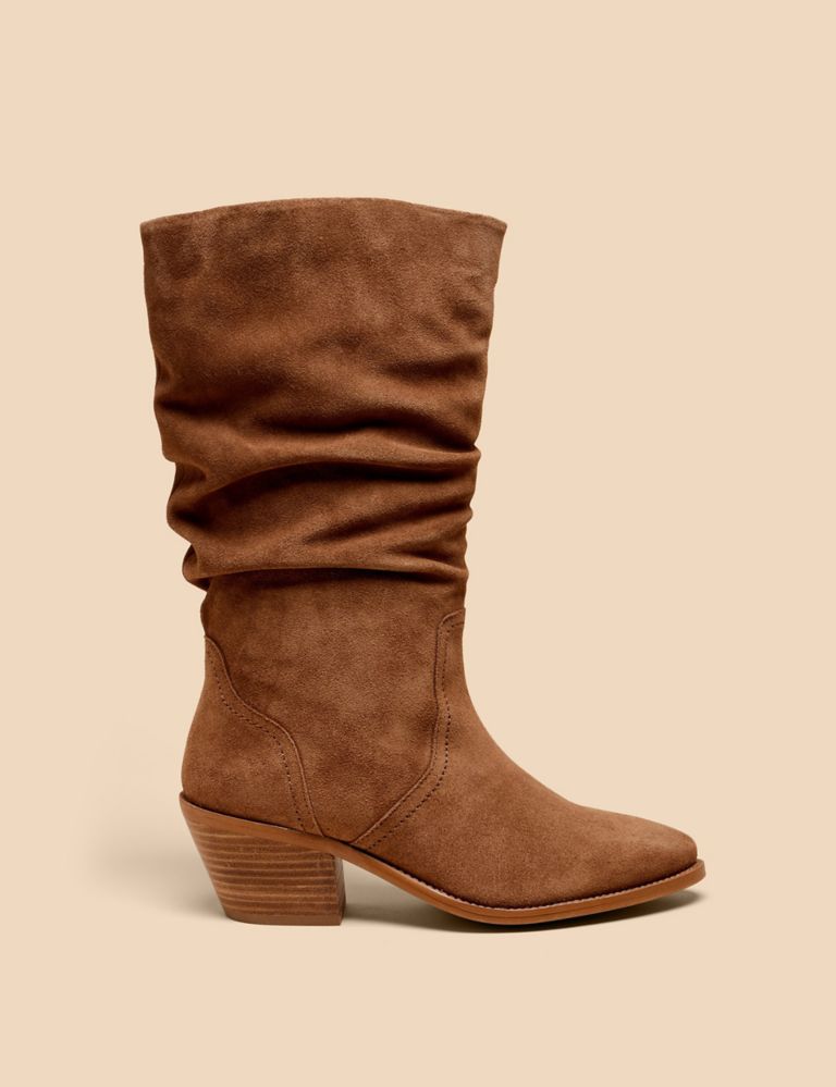 Suede Cow Boy Ruched Block Heel Boots 1 of 4
