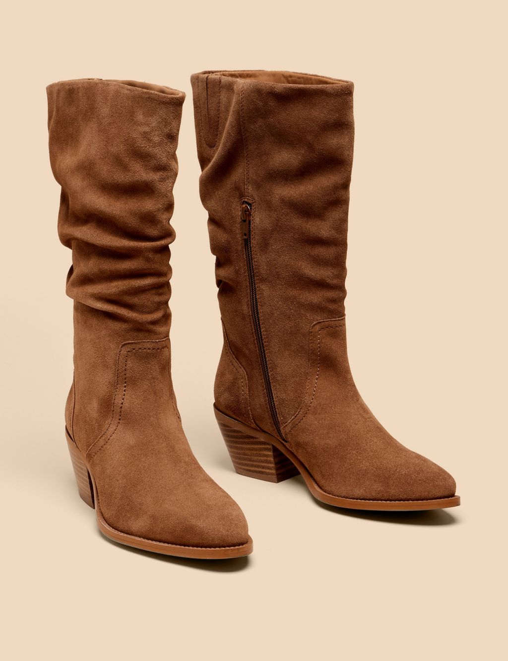 Suede Cow Boy Ruched Block Heel Boots 1 of 4