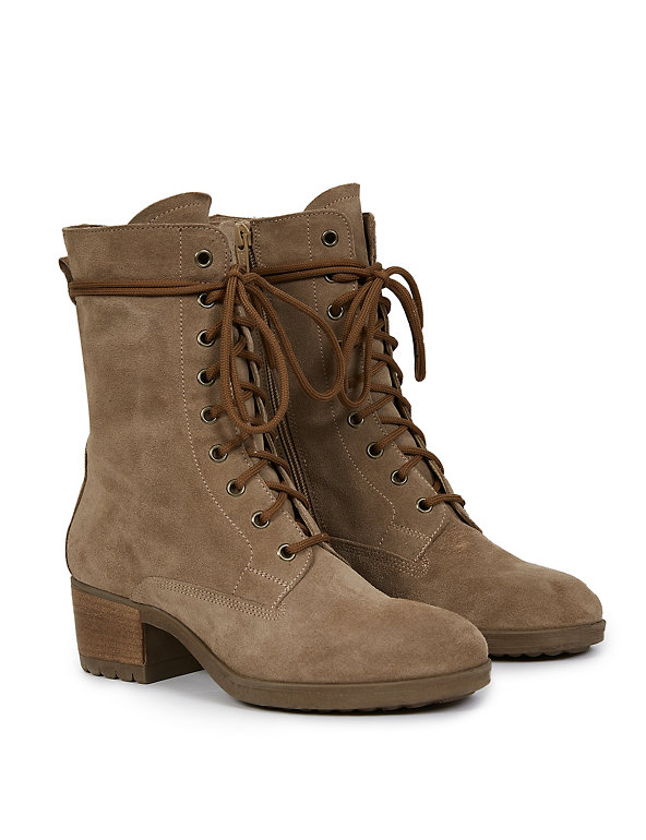 Womens Faux Suede Lace up Mid Block Heels Round Toe Ankle Boots Girls New Boots