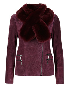 Suede Snakeskin Jacket with Detachable Faux Fur Collar Image 2 of 5