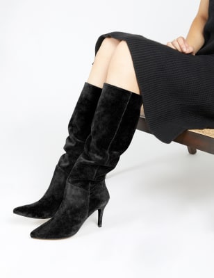 Black suede kitten heel knee best sale high boots