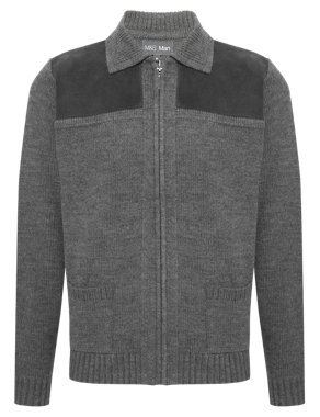 Suede Trim Zip Through Jumper with Wool Image 2 of 4