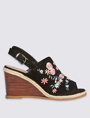 Suede Wedge Heel Embroidered Sandals Image 2 of 6